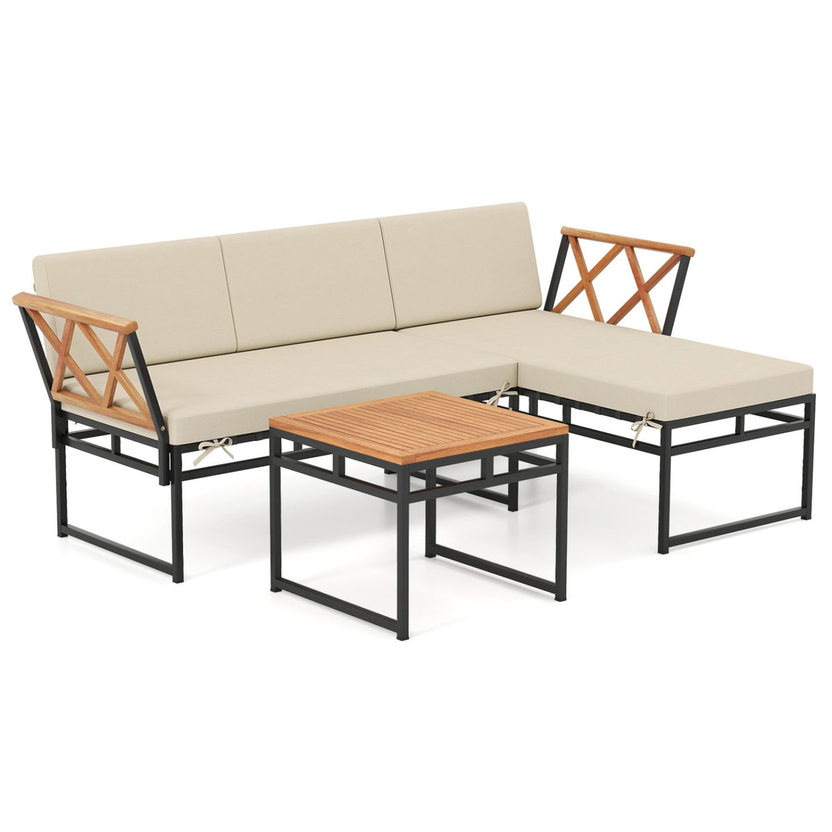 3-Piece L-Shaped Patio Furniture Set for Porch Backyard and Poolside-Beige