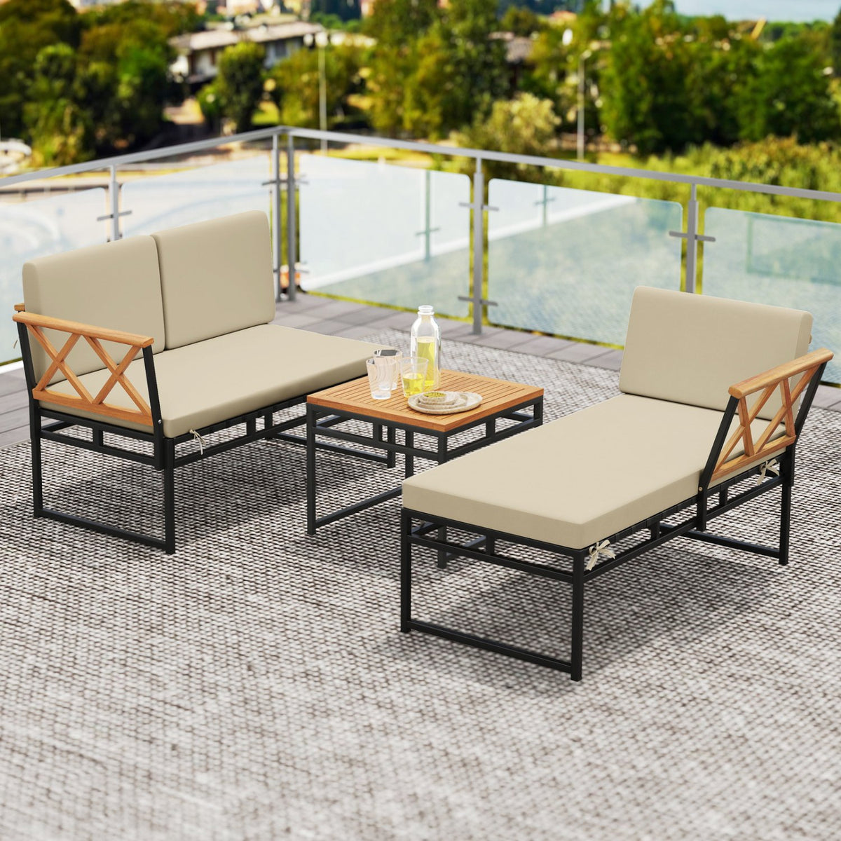 3-Piece L-Shaped Patio Furniture Set for Porch Backyard and Poolside-Beige view 2