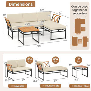 3-Piece L-Shaped Patio Furniture Set for Porch Backyard and Poolside-Beige view 5
