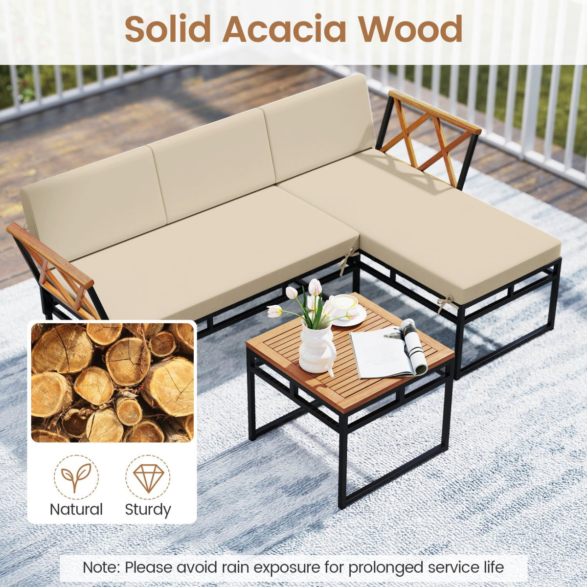 3-Piece L-Shaped Patio Furniture Set for Porch Backyard and Poolside-Beige view 6