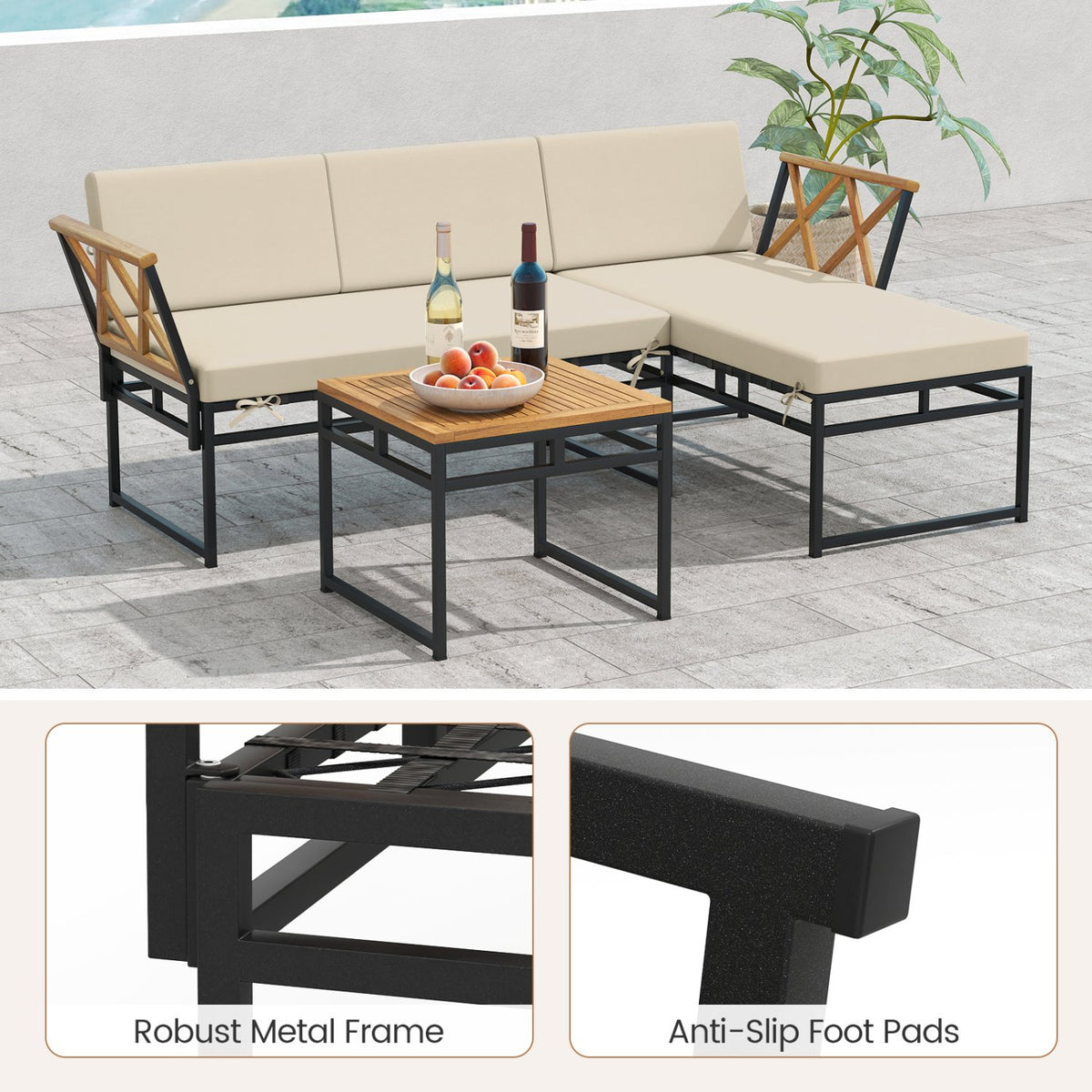 3-Piece L-Shaped Patio Furniture Set for Porch Backyard and Poolside-Beige view 7