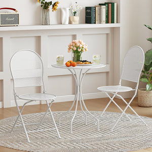 3 Piece Metal Bistro Patio Round Table and 2 Folding Chairs Set-White view 3