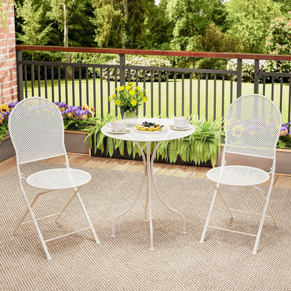 3 Piece Metal Bistro Patio Round Table and 2 Folding Chairs Set-White view 6