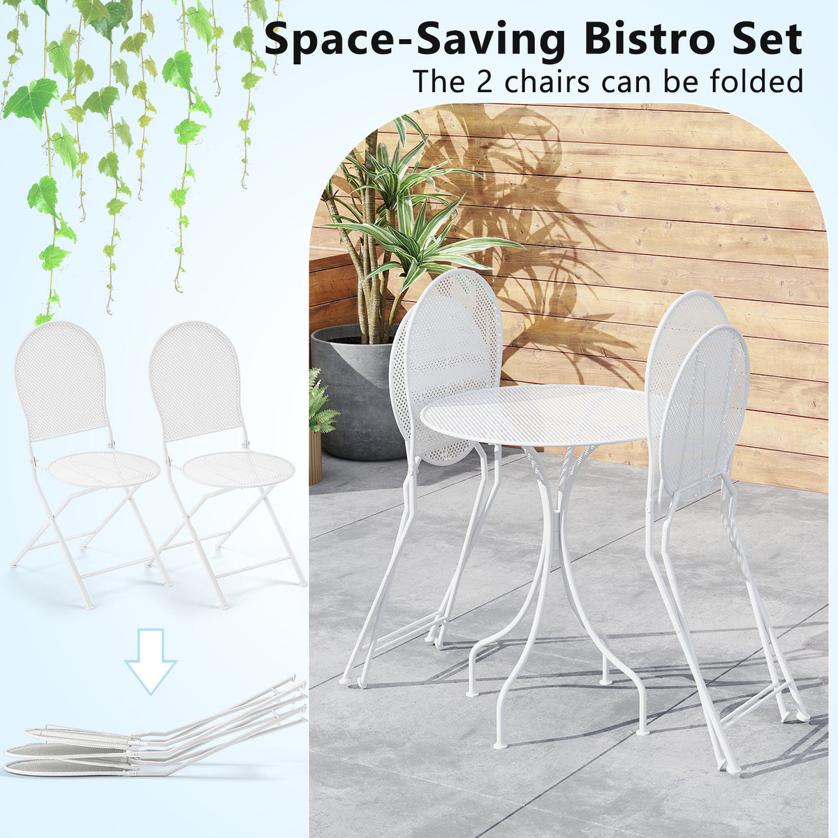 3 Piece Metal Bistro Patio Round Table and 2 Folding Chairs Set-White view 7