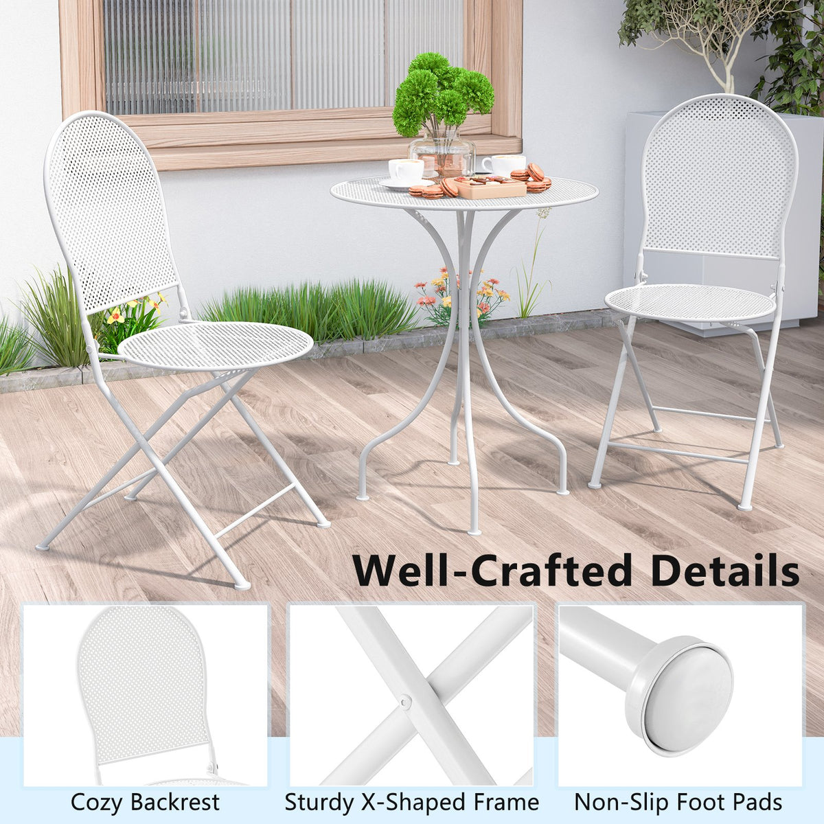 3 Piece Metal Bistro Patio Round Table and 2 Folding Chairs Set-White view 9