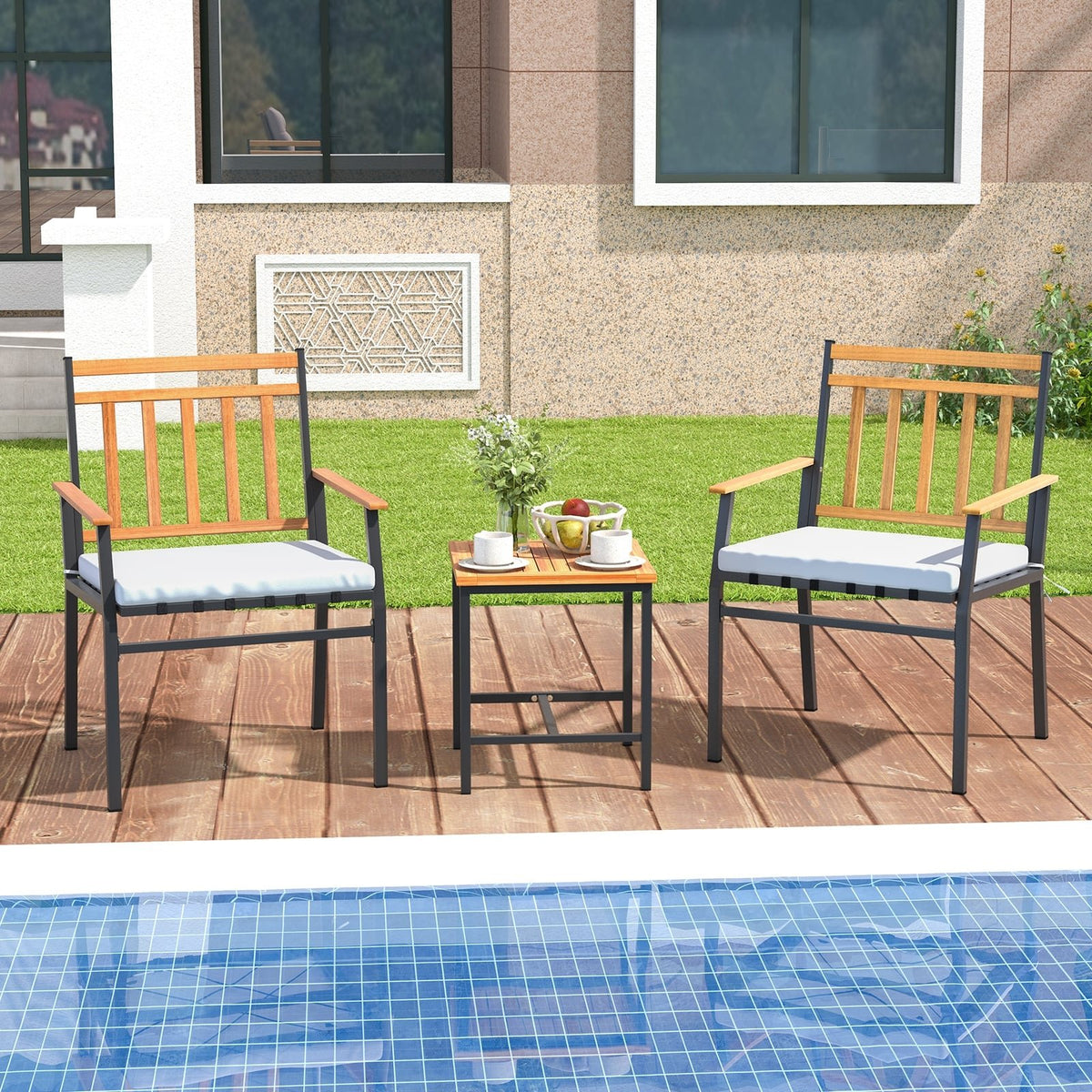 3 Pieces Outdoor Furniture Set Acacia Wood Patio Conversation Set with Cushions-White view 2