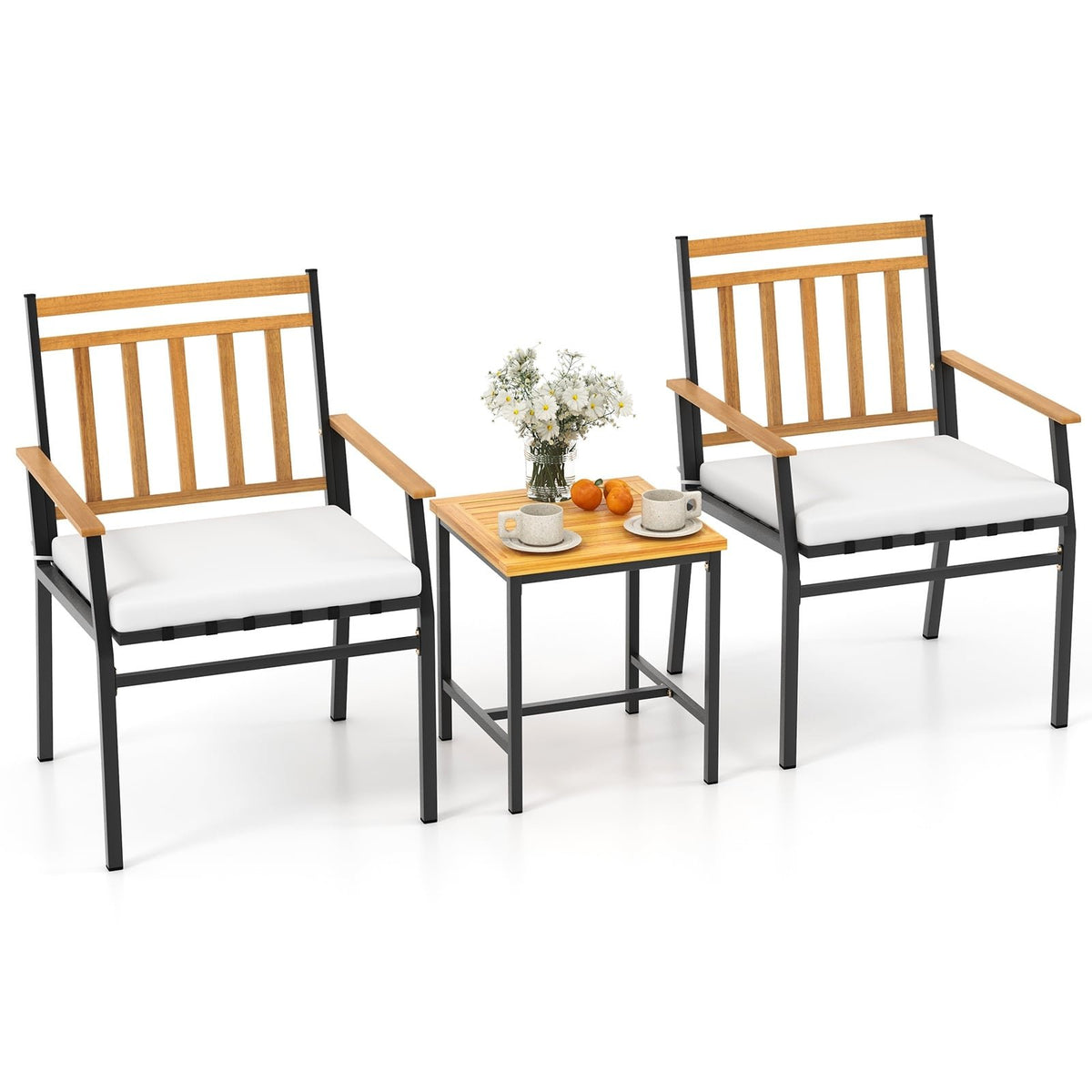 3 Pieces Outdoor Furniture Set Acacia Wood Patio Conversation Set with Cushions-White view 4