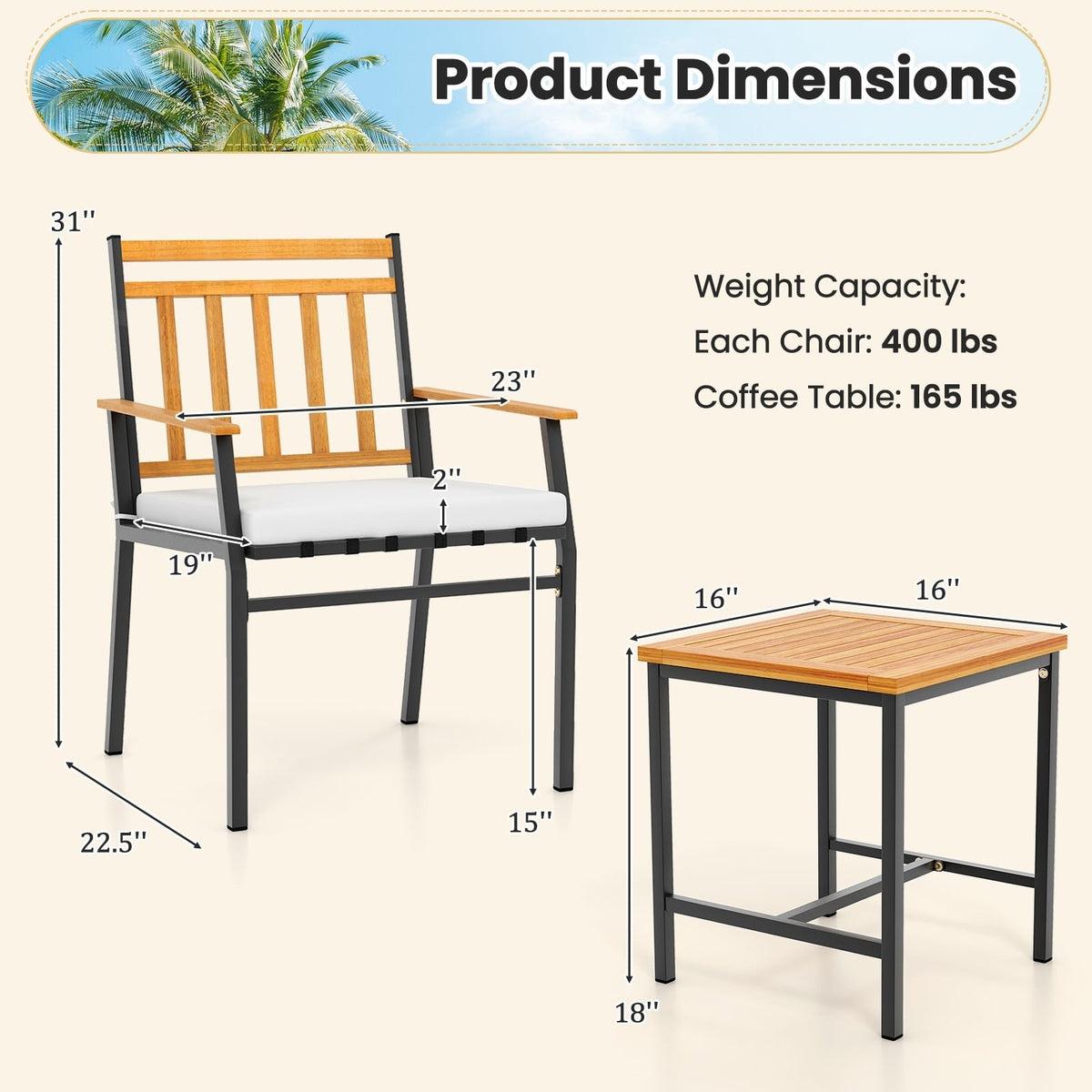 3 Pieces Outdoor Furniture Set Acacia Wood Patio Conversation Set with Cushions-White view 5