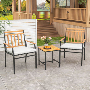 3 Pieces Outdoor Furniture Set Acacia Wood Patio Conversation Set with Cushions-White view 6
