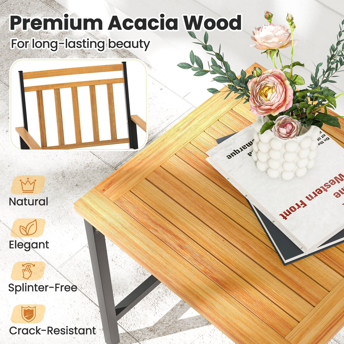 3 Pieces Outdoor Furniture Set Acacia Wood Patio Conversation Set with Cushions-White view 7