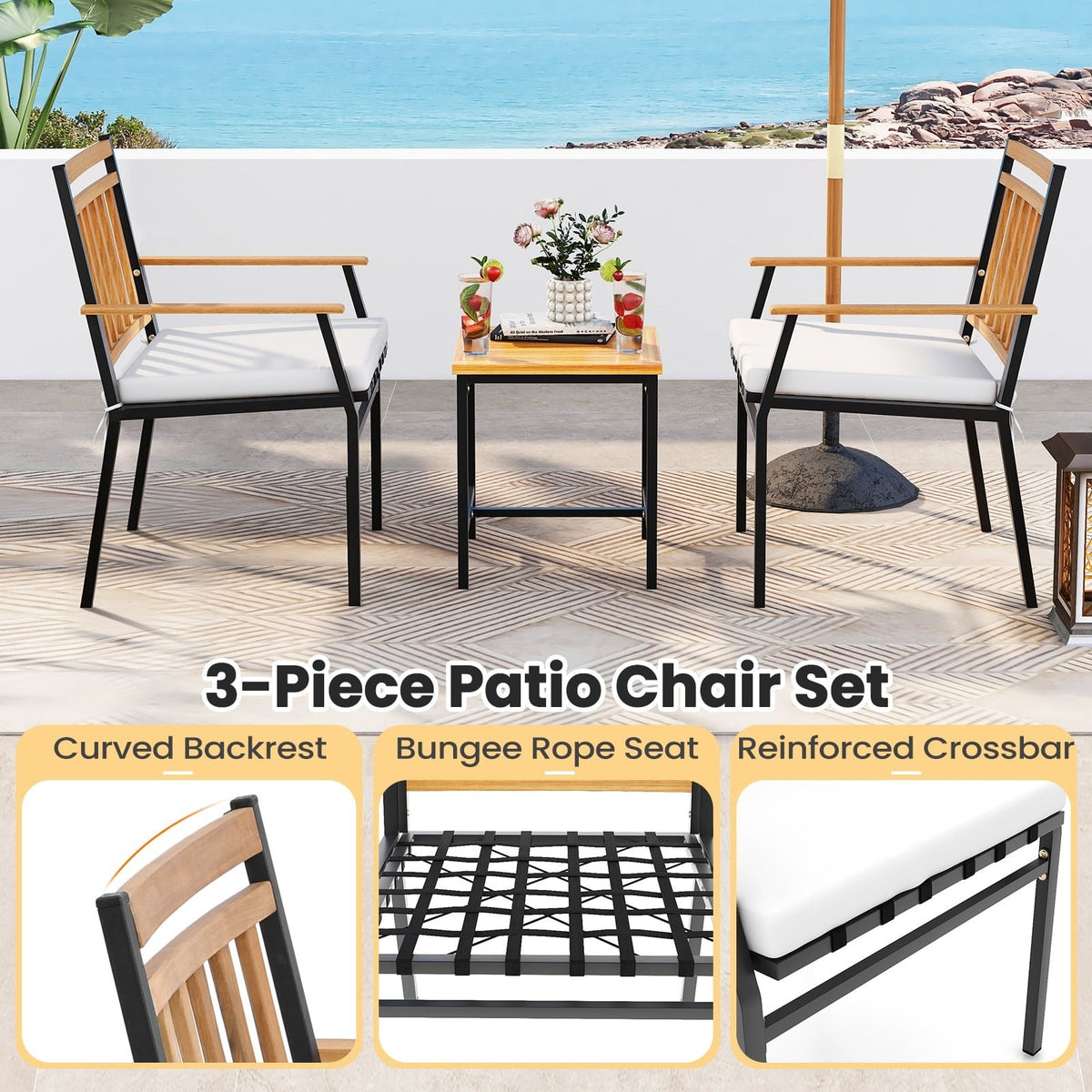 3 Pieces Outdoor Furniture Set Acacia Wood Patio Conversation Set with Cushions-White view 9