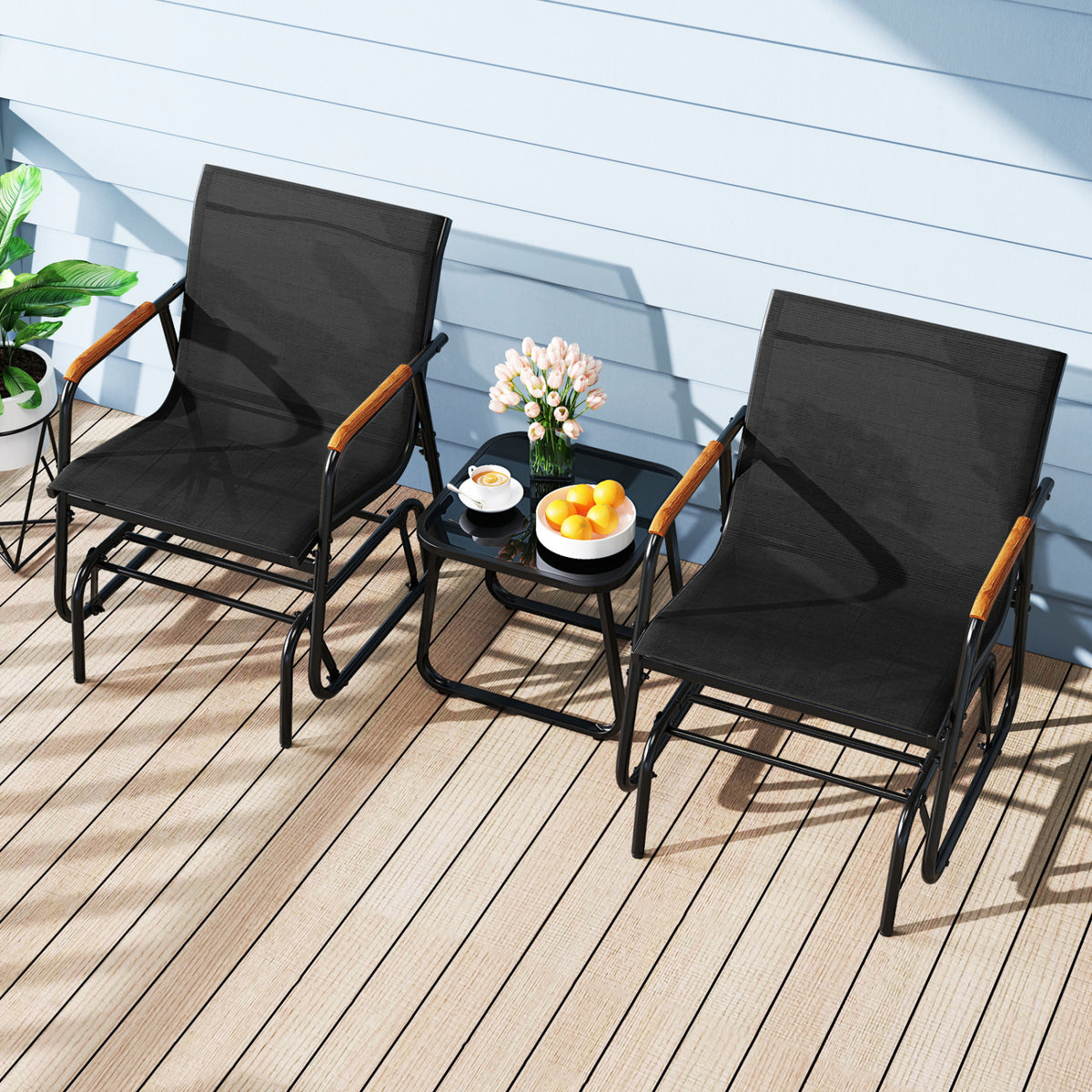 3-Piece Outdoor Glider Bistro Set with Tempered Glass Top and Metal Frame-Black view 2