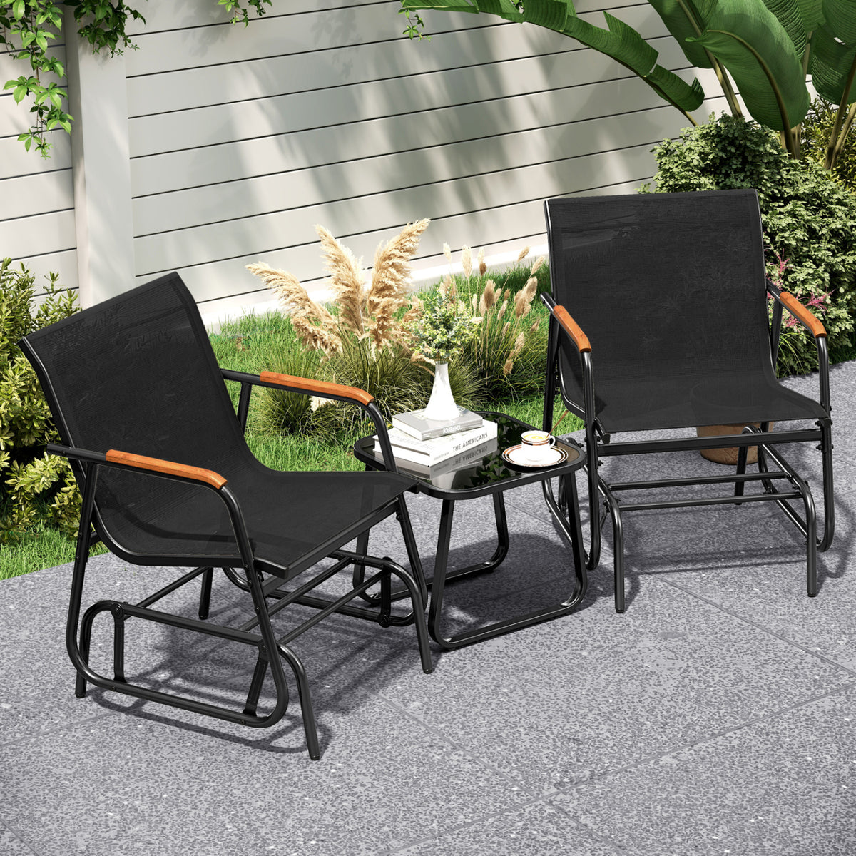 3-Piece Outdoor Glider Bistro Set with Tempered Glass Top and Metal Frame-Black view 3