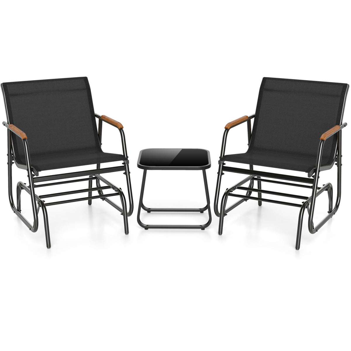 3-Piece Outdoor Glider Bistro Set with Tempered Glass Top and Metal Frame-Black view 4