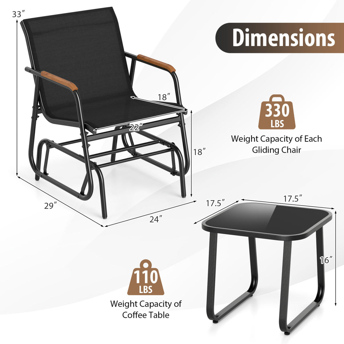 3-Piece Outdoor Glider Bistro Set with Tempered Glass Top and Metal Frame-Black view 5