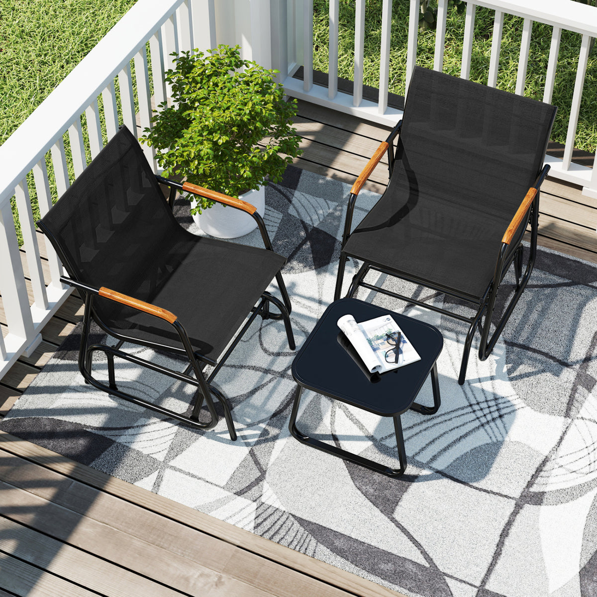 3-Piece Outdoor Glider Bistro Set with Tempered Glass Top and Metal Frame-Black view 6