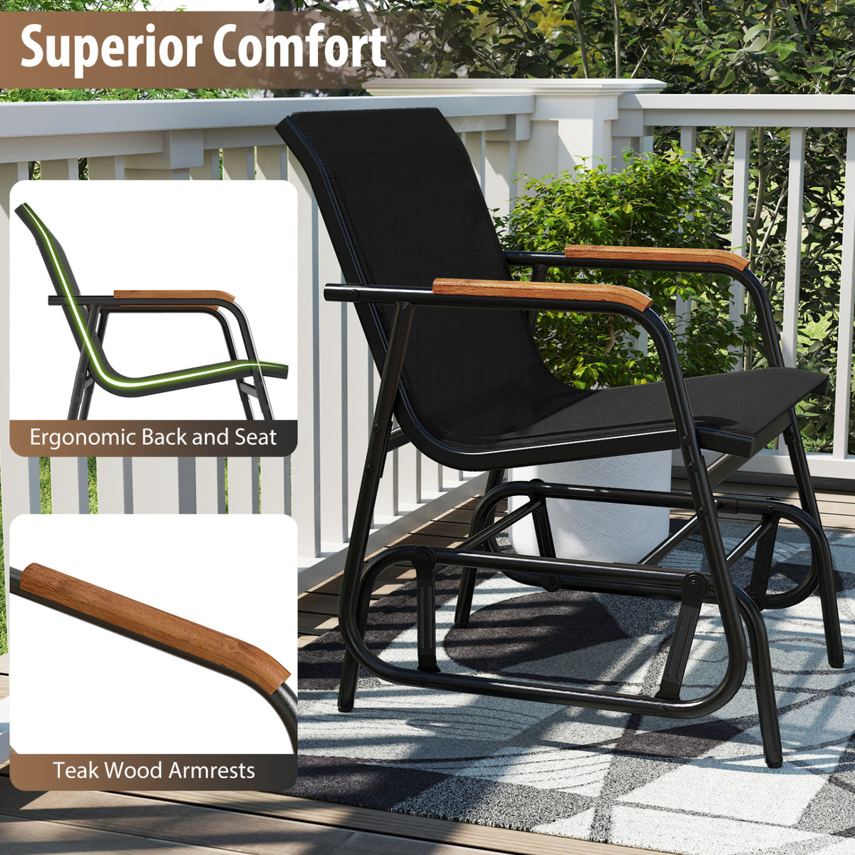 3-Piece Outdoor Glider Bistro Set with Tempered Glass Top and Metal Frame-Black view 9