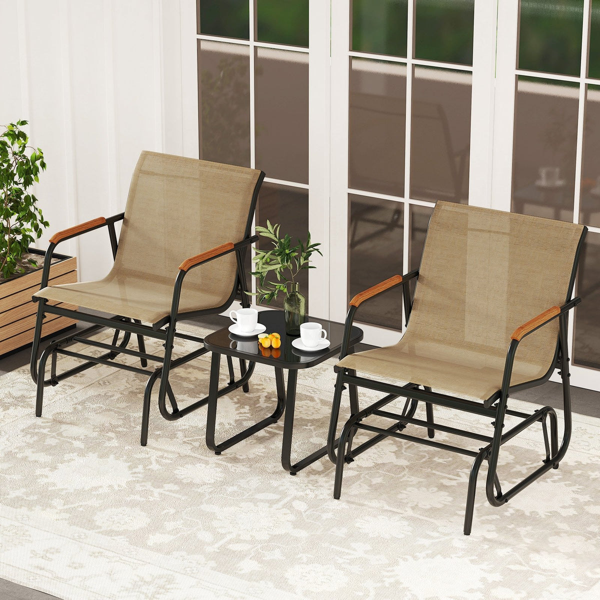 3-Piece Outdoor Glider Bistro Set with Tempered Glass Top and Metal Frame-Coffee view 2