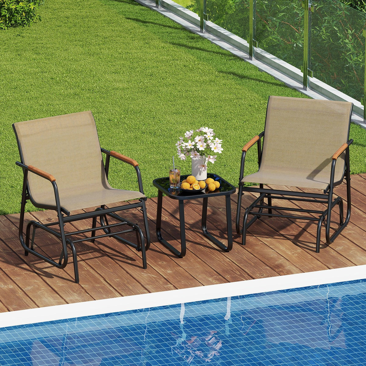 3-Piece Outdoor Glider Bistro Set with Tempered Glass Top and Metal Frame-Coffee view 3