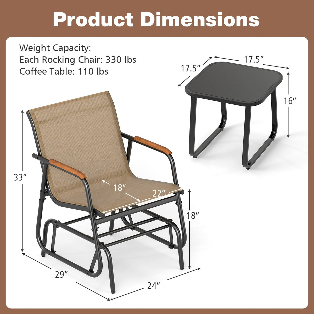 3-Piece Outdoor Glider Bistro Set with Tempered Glass Top and Metal Frame-Coffee view 5