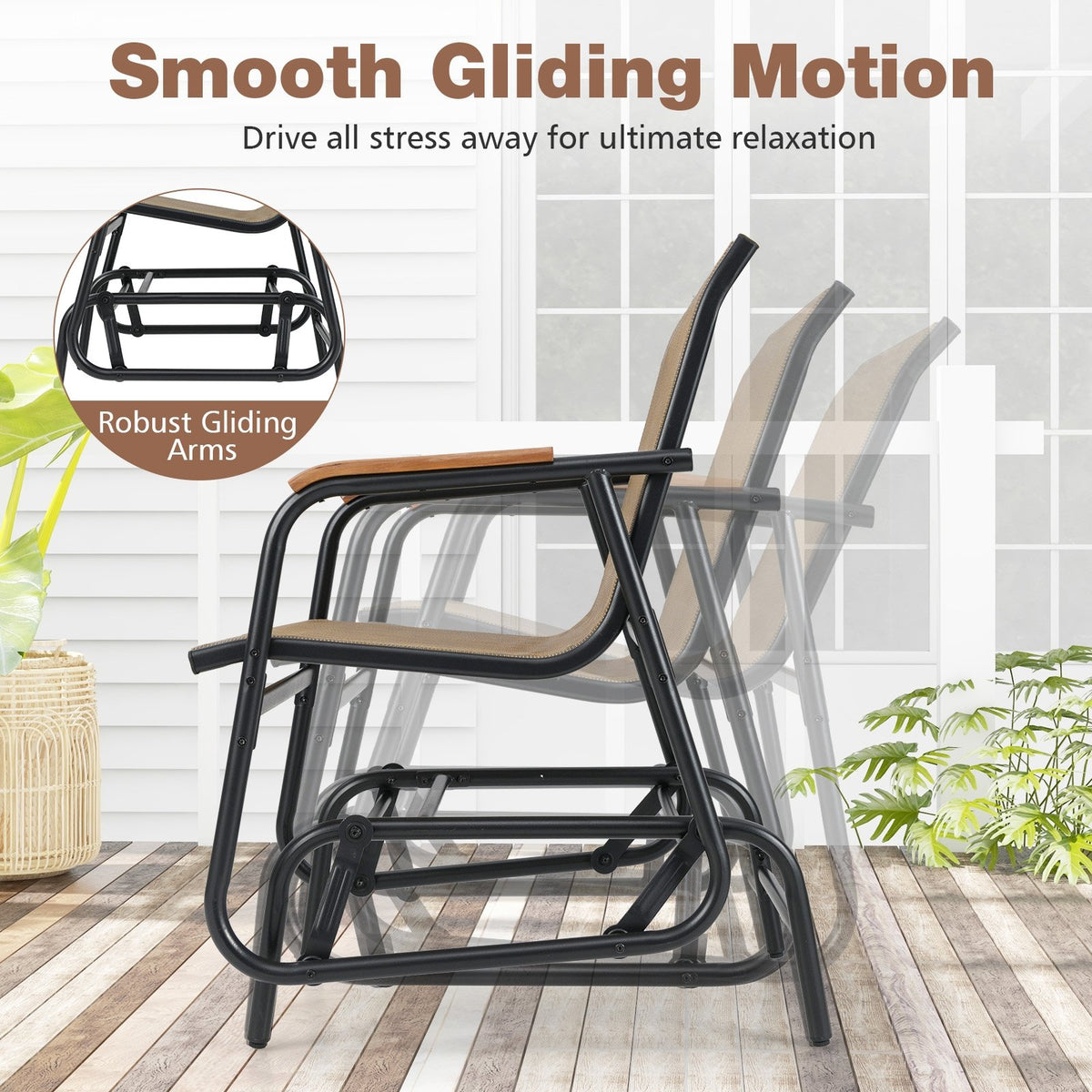 3-Piece Outdoor Glider Bistro Set with Tempered Glass Top and Metal Frame-Coffee view 6