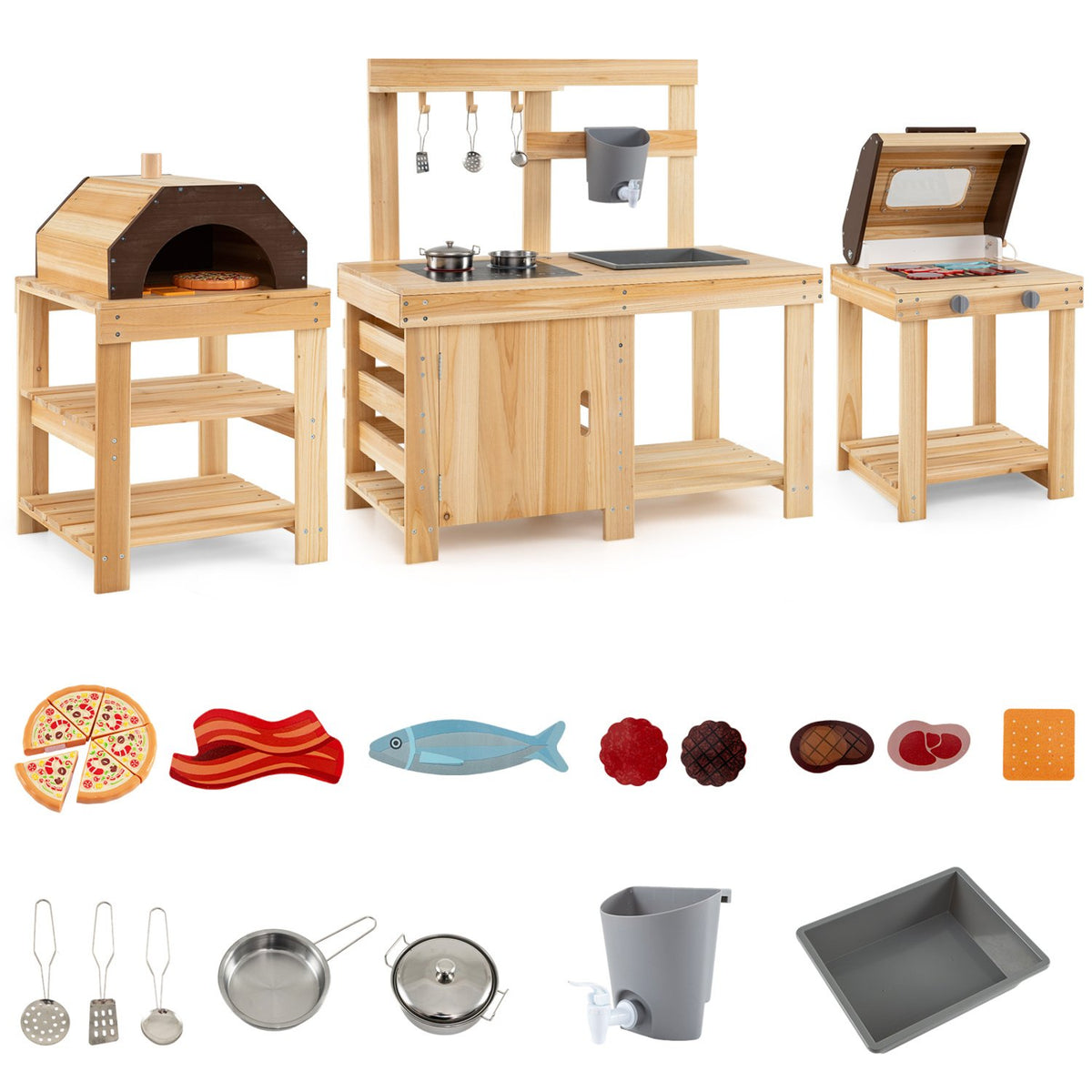 3-Piece Outdoor Kitchen Set Mud Kitchen with Separate BBQ Grill and Pizza Oven-Natural