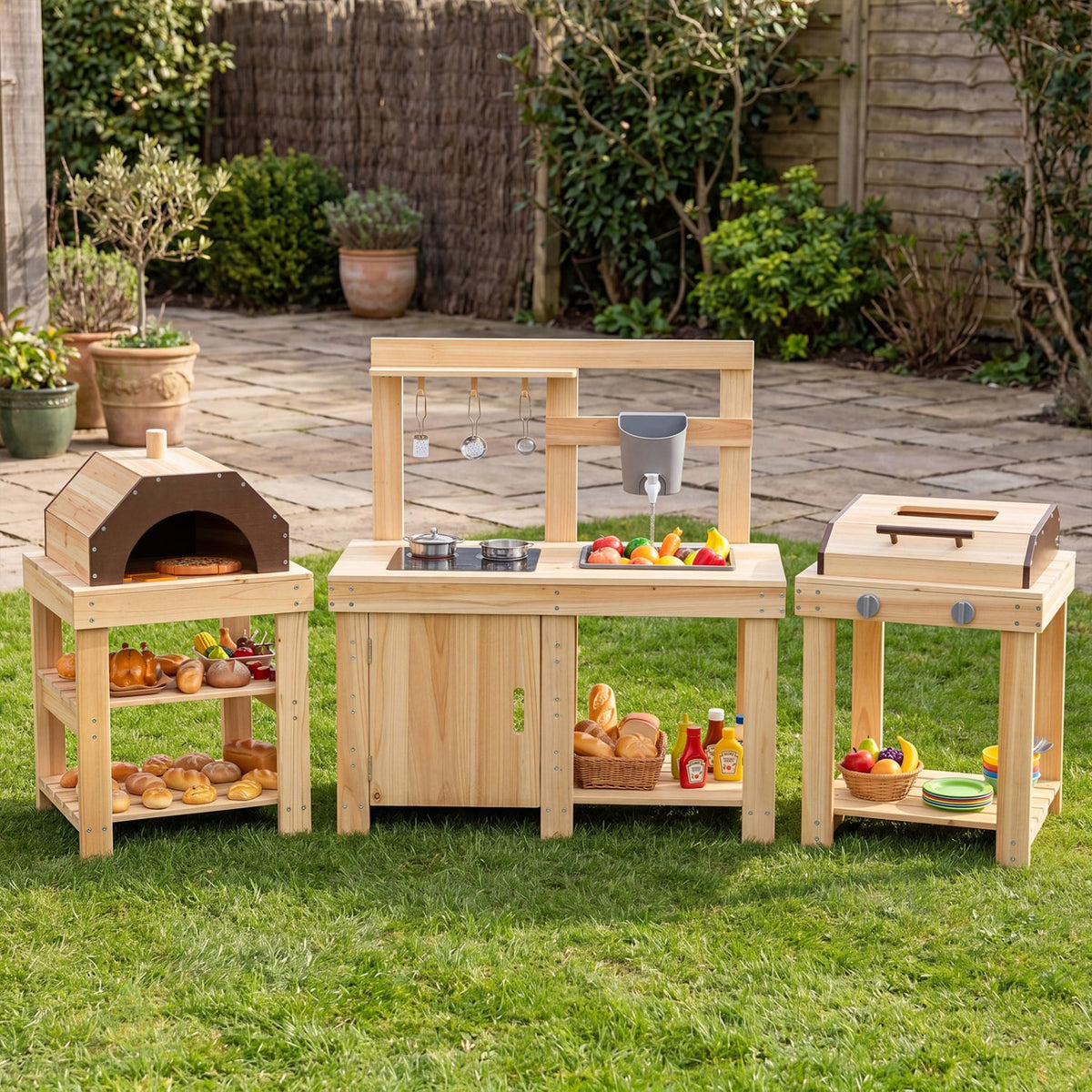 3-Piece Outdoor Kitchen Set Mud Kitchen with Separate BBQ Grill and Pizza Oven-Natural view 2
