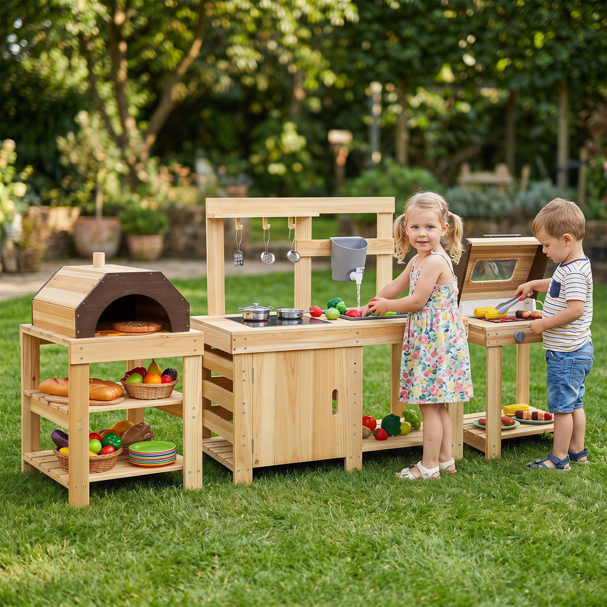 3-Piece Outdoor Kitchen Set Mud Kitchen with Separate BBQ Grill and Pizza Oven-Natural view 3
