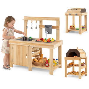 3-Piece Outdoor Kitchen Set Mud Kitchen with Separate BBQ Grill and Pizza Oven-Natural view 4