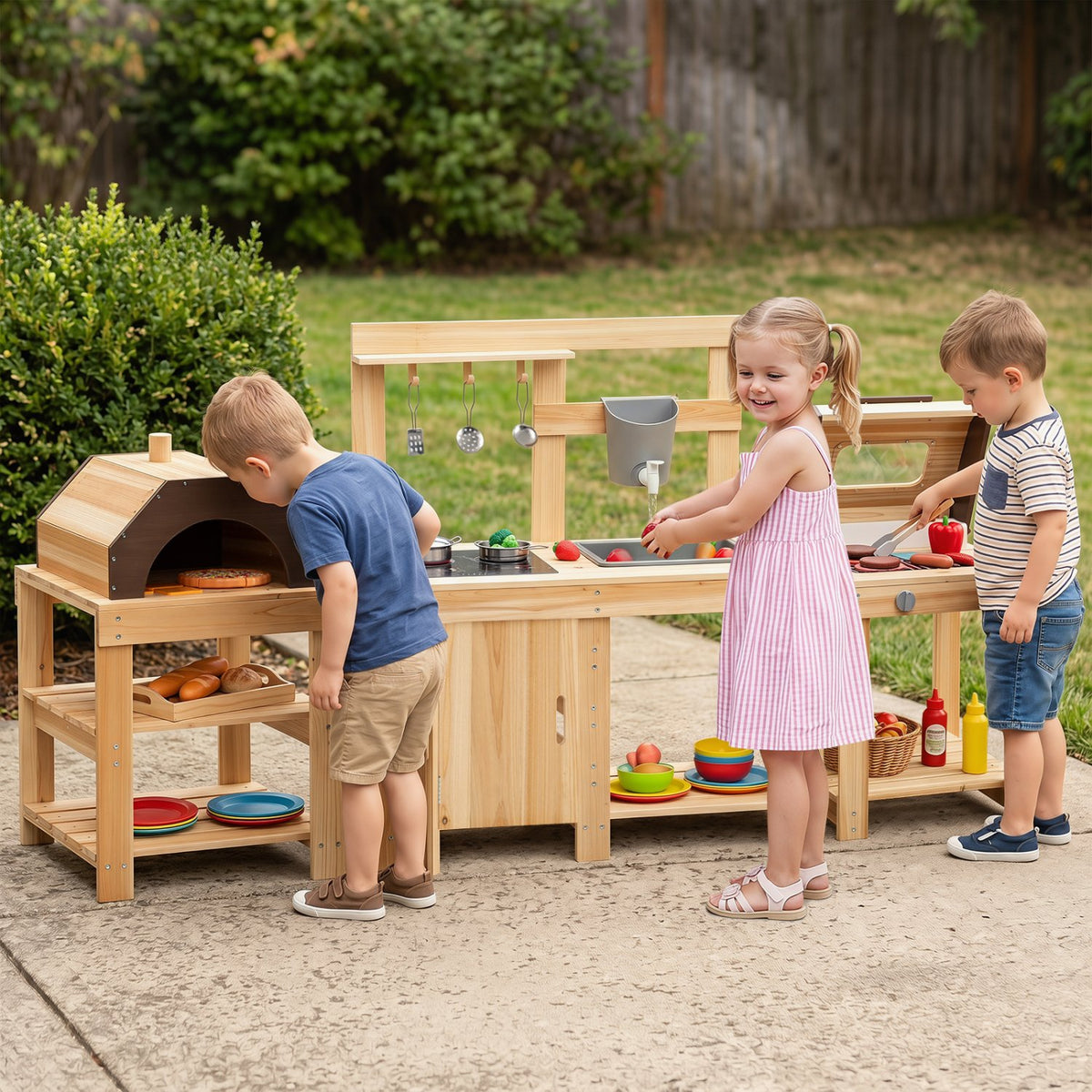 3-Piece Outdoor Kitchen Set Mud Kitchen with Separate BBQ Grill and Pizza Oven-Natural view 7
