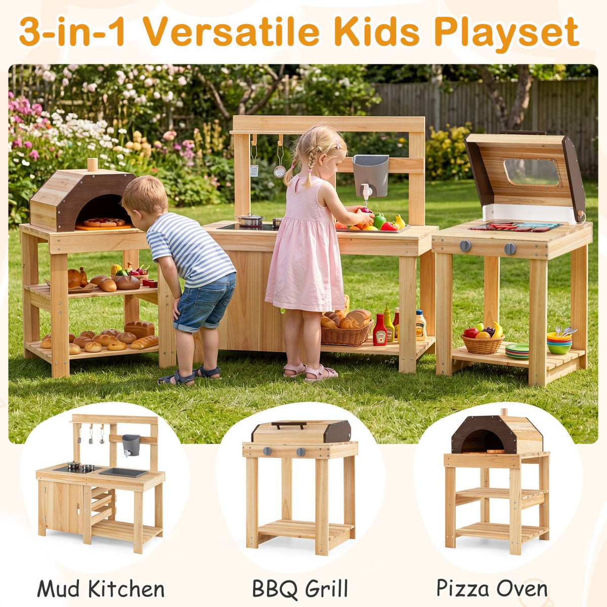 3-Piece Outdoor Kitchen Set Mud Kitchen with Separate BBQ Grill and Pizza Oven-Natural view 8