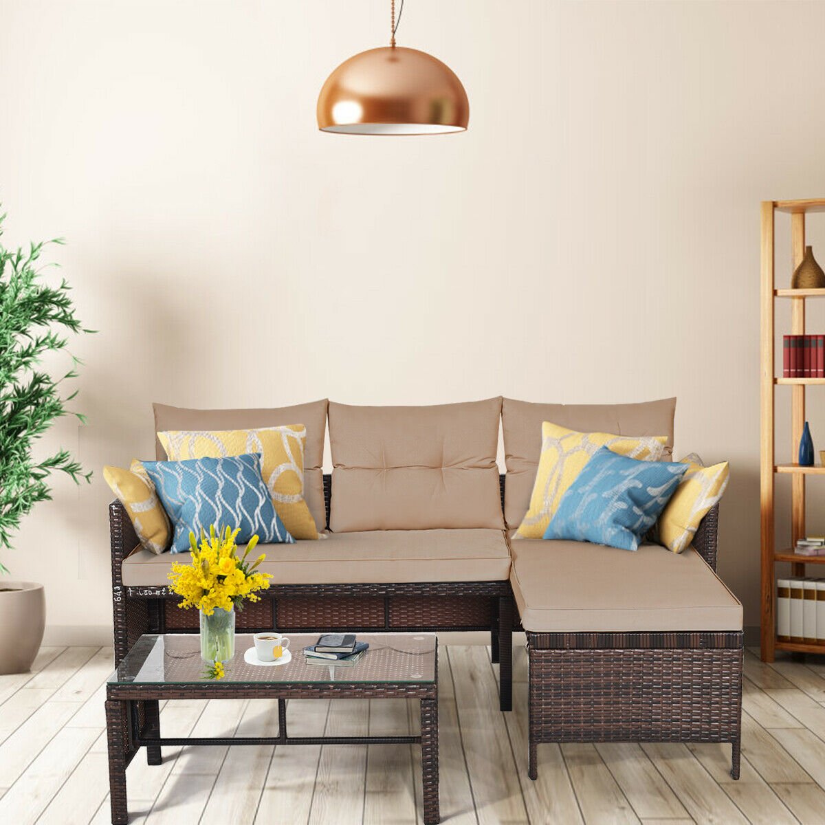 3 Pieces Patio Wicker Rattan Sofa Set-Beige view 2