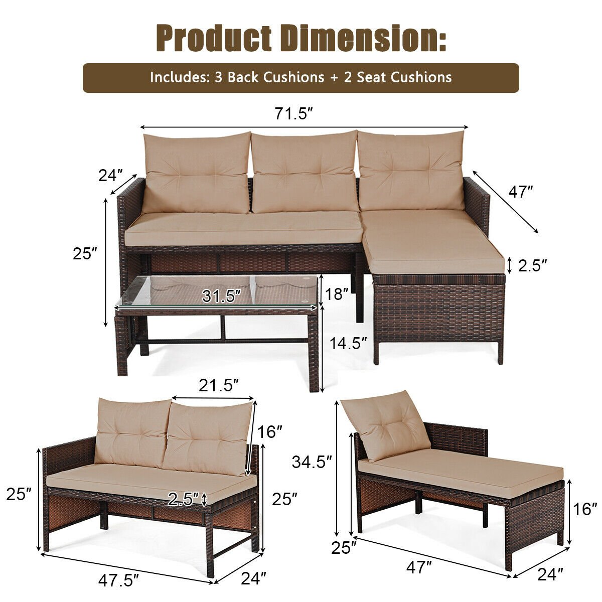 3 Pieces Patio Wicker Rattan Sofa Set-Beige view 4