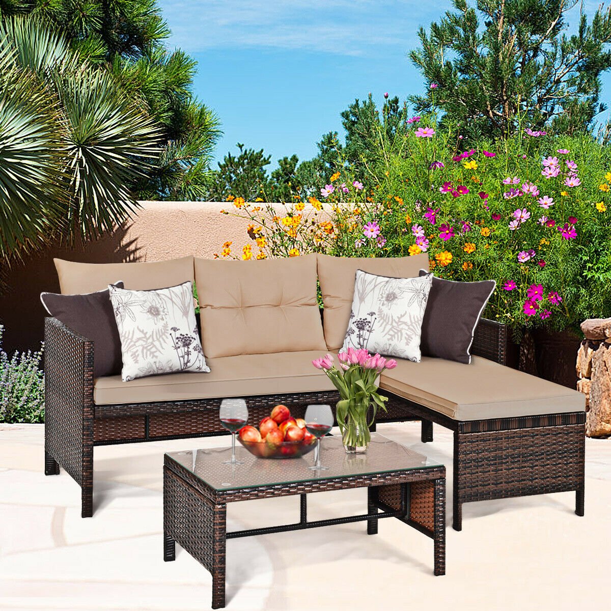 3 Pieces Patio Wicker Rattan Sofa Set-Beige view 6