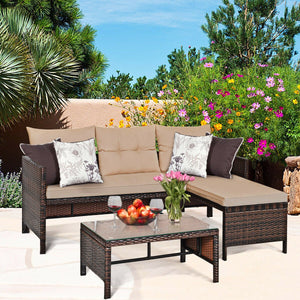 3 Pieces Patio Wicker Rattan Sofa Set-Beige view 6