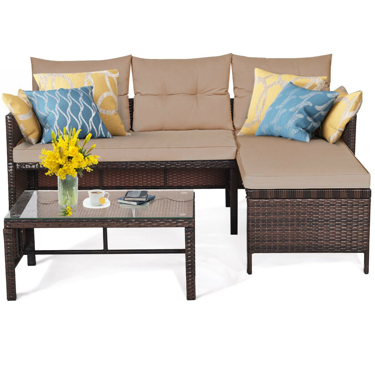 3 Pieces Patio Wicker Rattan Sofa Set-Beige view 7