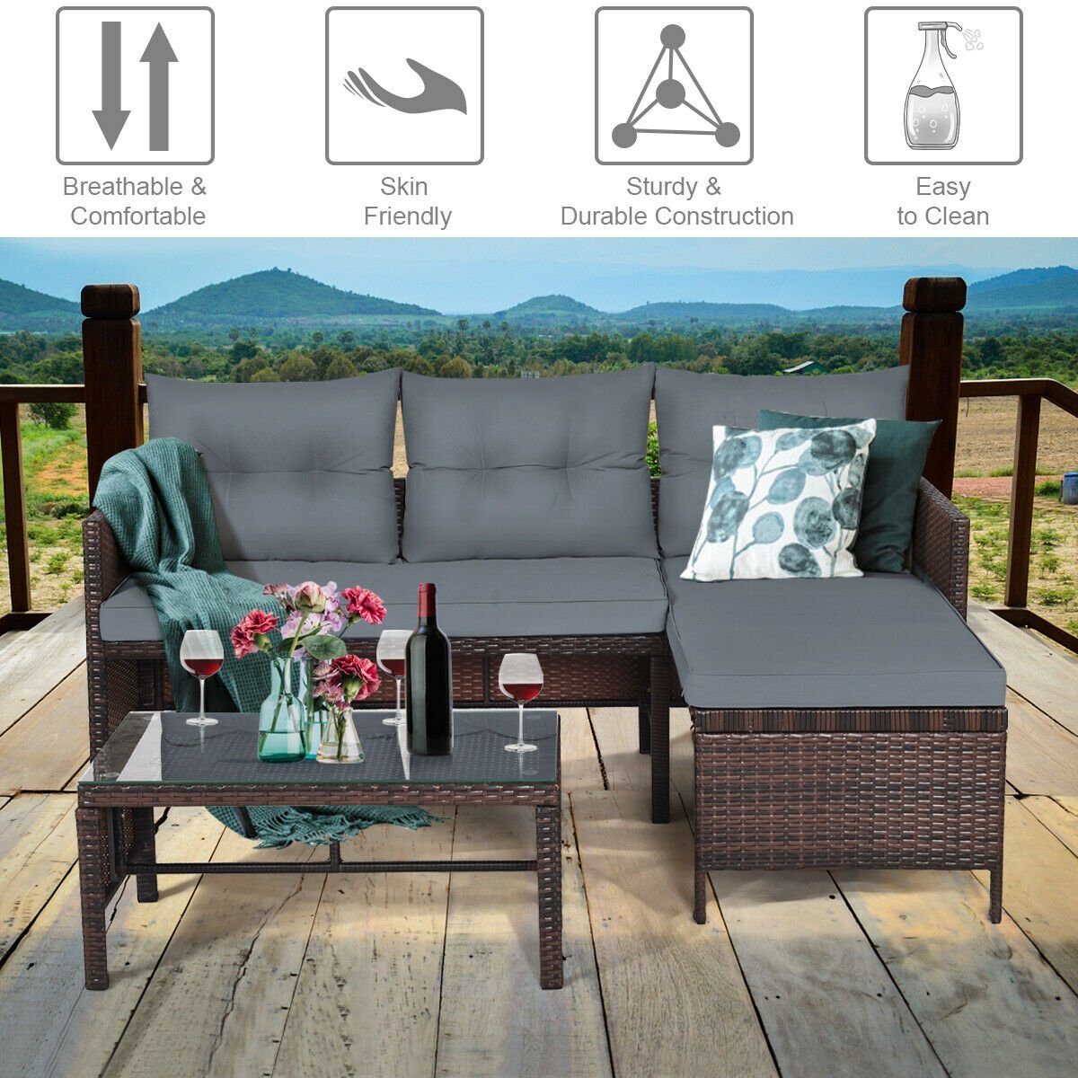 3 Pieces Patio Wicker Rattan Sofa Set-Gray view 3
