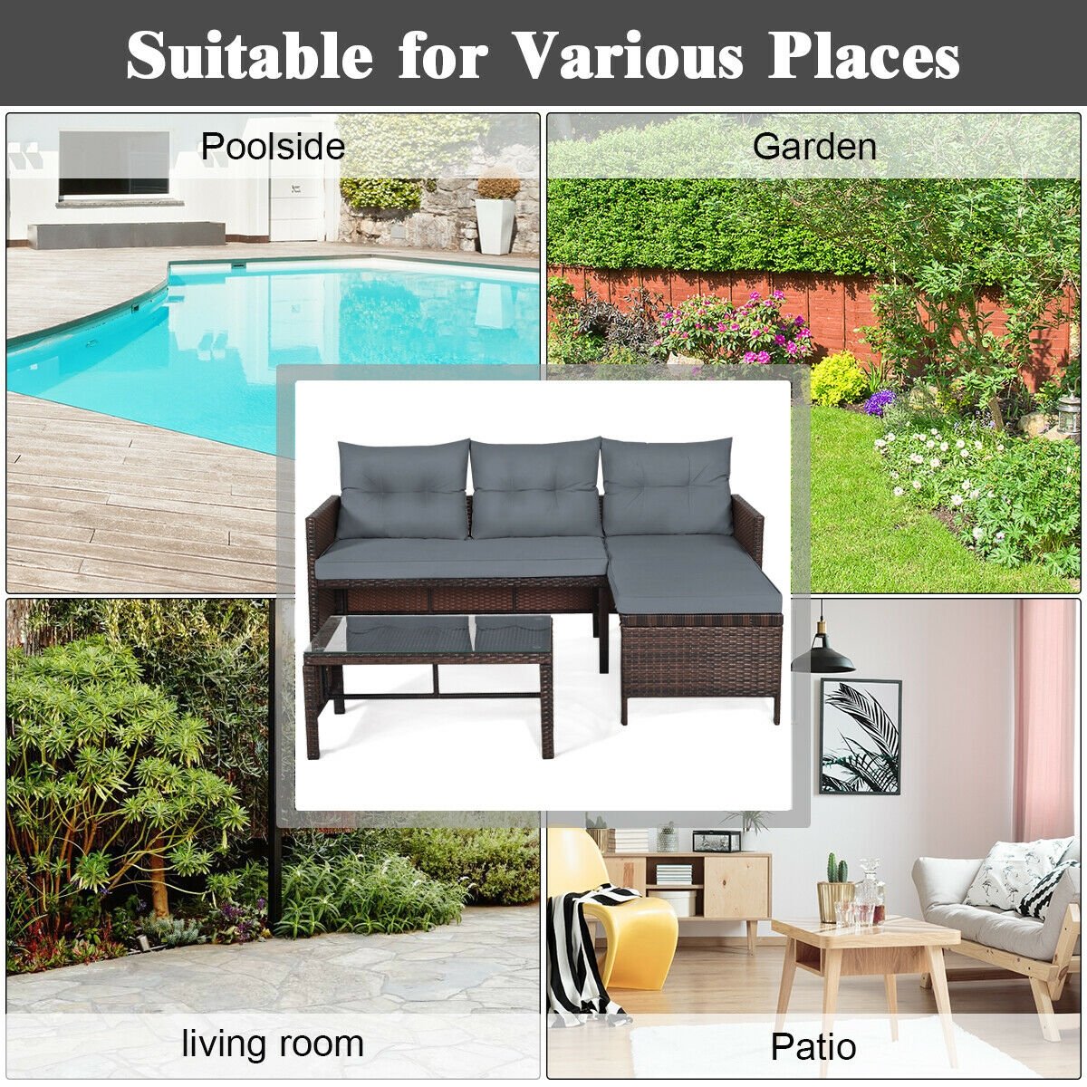 3 Pieces Patio Wicker Rattan Sofa Set-Gray view 5