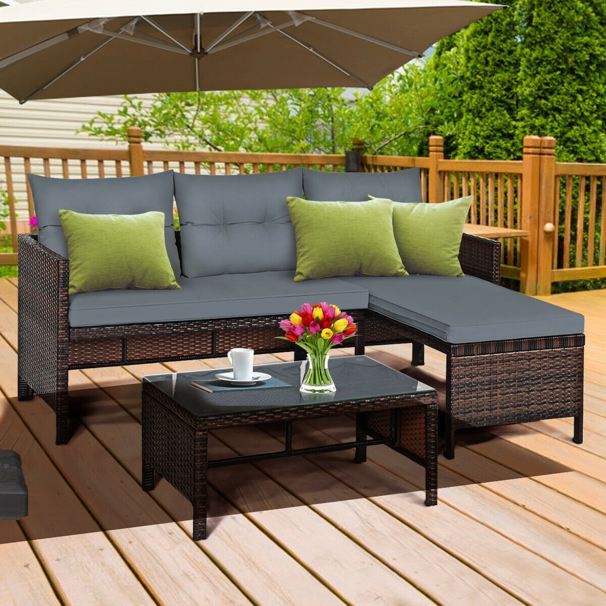 3 Pieces Patio Wicker Rattan Sofa Set-Gray view 7