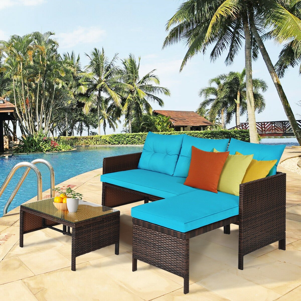 3 Pieces Patio Wicker Rattan Sofa Set-Turquoise view 2