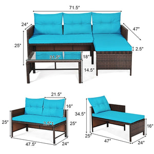 3 Pieces Patio Wicker Rattan Sofa Set-Turquoise view 4