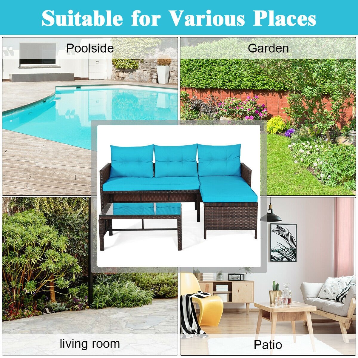 3 Pieces Patio Wicker Rattan Sofa Set-Turquoise view 5