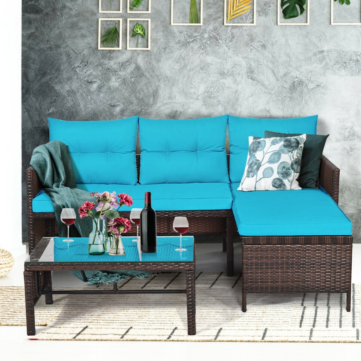 3 Pieces Patio Wicker Rattan Sofa Set-Turquoise view 6