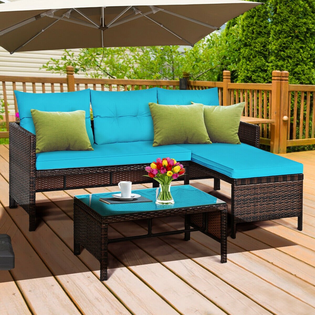 3 Pieces Patio Wicker Rattan Sofa Set-Turquoise view 8