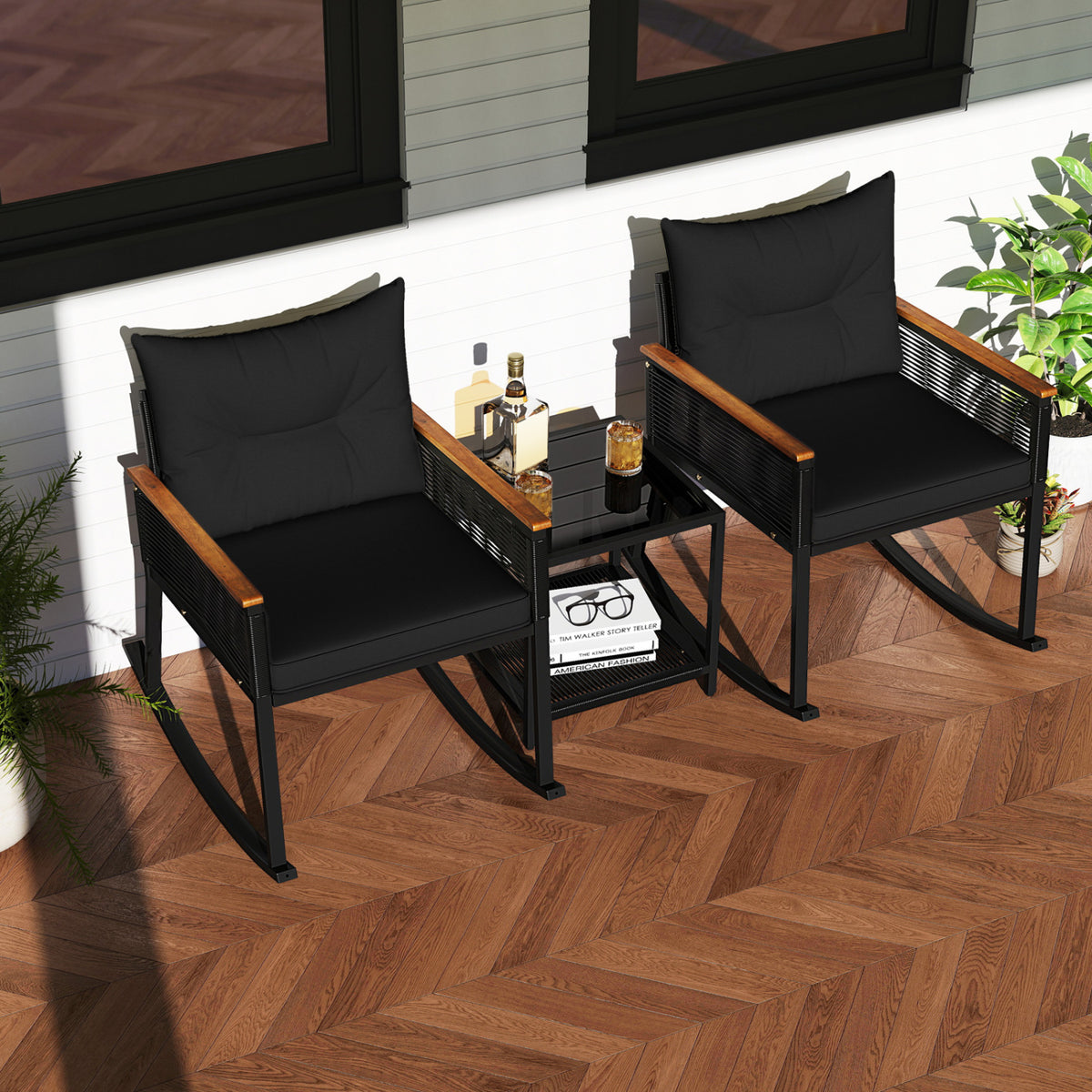 3 Piece Outdoor PE Rattan Rocking Bistro Set with 2-Tier Coffee Table-Blackcolor view 2