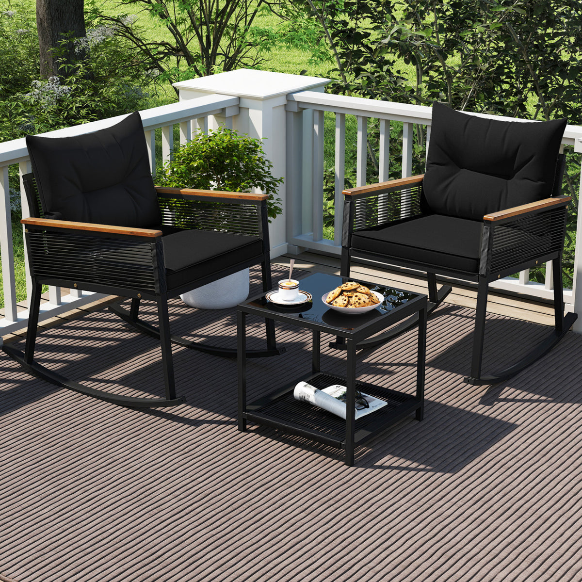 3 Piece Outdoor PE Rattan Rocking Bistro Set with 2-Tier Coffee Table-Blackcolor view 3