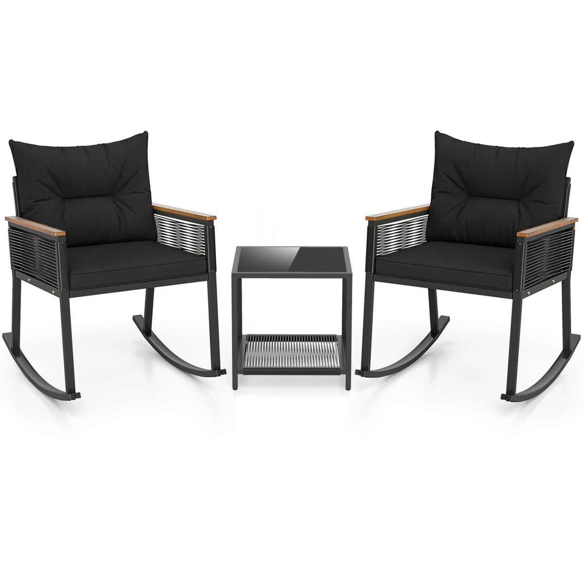3 Piece Outdoor PE Rattan Rocking Bistro Set with 2-Tier Coffee Table-Blackcolor view 4