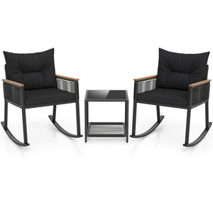3 Piece Outdoor PE Rattan Rocking Bistro Set with 2-Tier Coffee Table-Blackcolor view 4