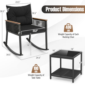 3 Piece Outdoor PE Rattan Rocking Bistro Set with 2-Tier Coffee Table-Blackcolor view 5