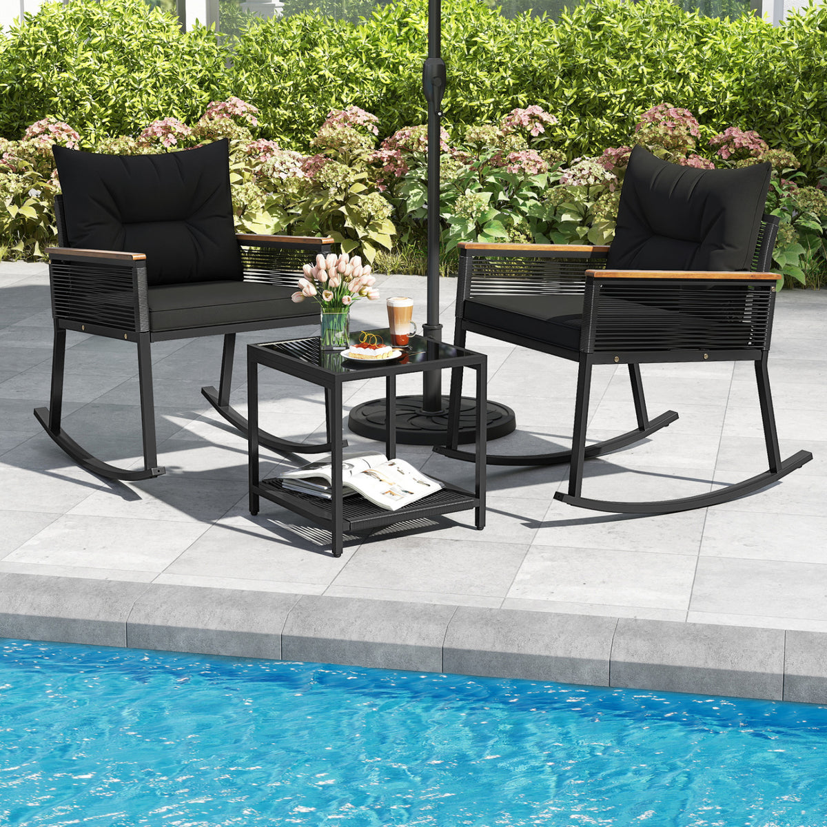 3 Piece Outdoor PE Rattan Rocking Bistro Set with 2-Tier Coffee Table-Blackcolor view 6